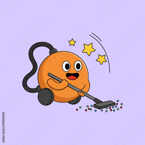 Cute Cartoon Orange Vacuum Cleaner Character Cleaning Colorful Dust Particles and Stars on Purple Background, Housekeeping Concept Vector