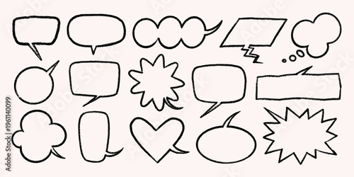 Chalk text box frames or line speech bubbles in black on light beige background. Speech bubbles and frames with doodle crayon effect. Perfect for sticker packs, posters, comics, retro designs