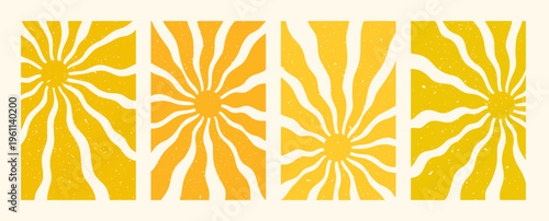 Summer sun posters, abstract backgrounds in yellow tints with groovy abstract wave rays. Vintage summer sunshine design with textured look. Perfect for wall art, prints, and home decor