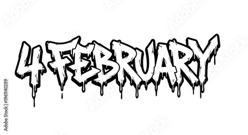 Graffiti date, February 4th, stencil lettering, urban typography, black and white vector
