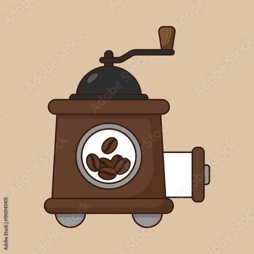 Vintage Manual Coffee Grinder with Roasted Beans Vector Illustration, Traditional Brown Wooden Mill for Cafe and Kitchen Decor Isolated on Tan Background