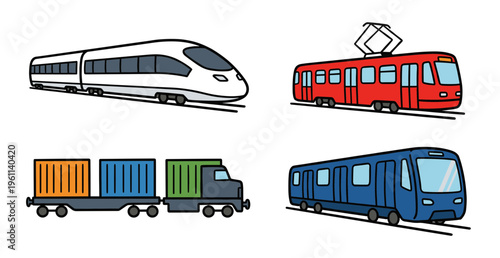 Different Types of Modern Trains and Public Transport Systems Vector Illustration, High Speed Train Tram Freight and Subway Metro Transit Collection
