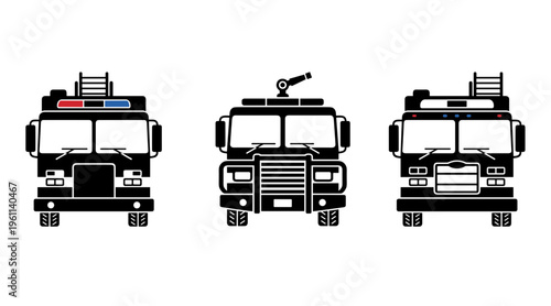 Front View of Fire Truck Icons Set, Emergency Rescue Vehicle Symbols for Firefighter Services and Public Safety Vector Illustration Isolated on White