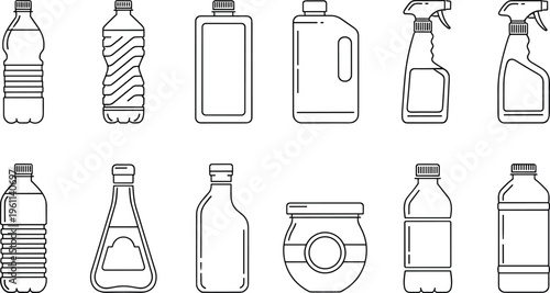 Plastic Bottle Outline Icon Collection with Beverage Cleaning Spray and Storage Containers Minimal Line Art Set