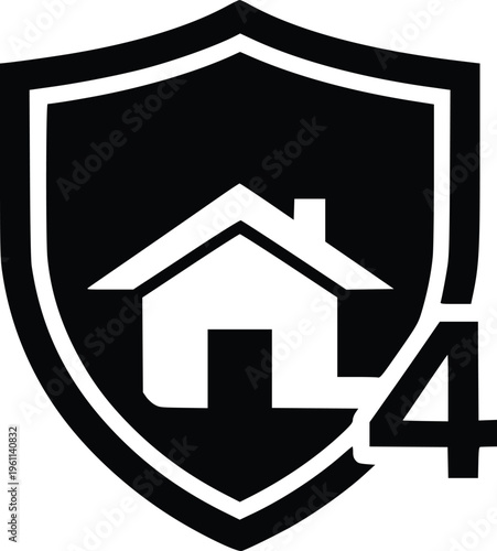 A black and white logo featuring a shield with a house and number 4