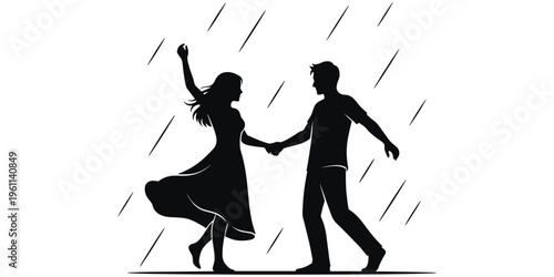 Couple dancing in rain, romantic silhouette, joyful movement, love scene, rainy day art, happiness, relationship, spontaneity, flat vector illustration