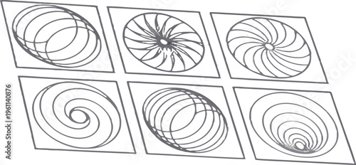 A grid of twelve abstract, three-dimensional shapes against a transparent background. Each shape is composed of concentric, smoothly curved lines, creating a rippling, organic form. The shapes vary sl