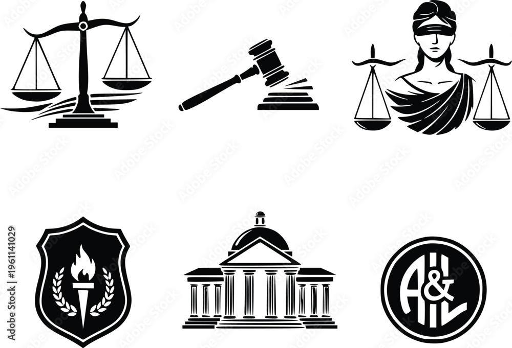 Fototapeta premium A collection of black and white icons representing law and justice