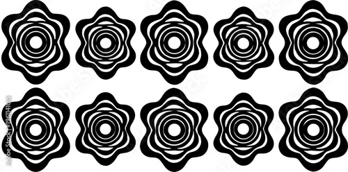 A grid of twelve abstract, three-dimensional shapes against a transparent background. Each shape is composed of concentric, smoothly curved lines, creating a rippling, organic form. The shapes vary sl