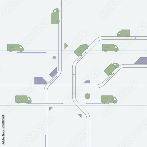 Abstract Aerial View of Green Delivery Trucks on Highway Network.