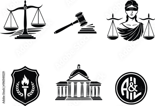 A collection of black and white icons representing law and justice