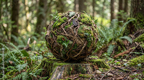 Natural moss sphere woven with vines on tree stump, organic earth globe concept in lush forest, environmental sustainability art