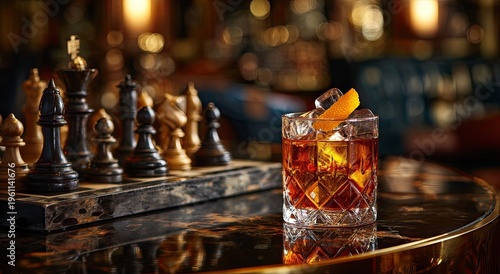 Elegant cocktail and chess set on a polished table, blurred opulent background