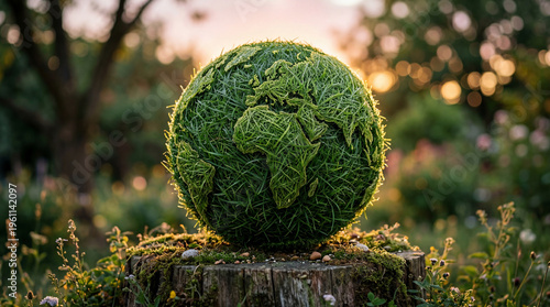 Green moss globe on tree stump, sustainable earth planet concept, eco friendly environmental conservation, organic world map in nature garden