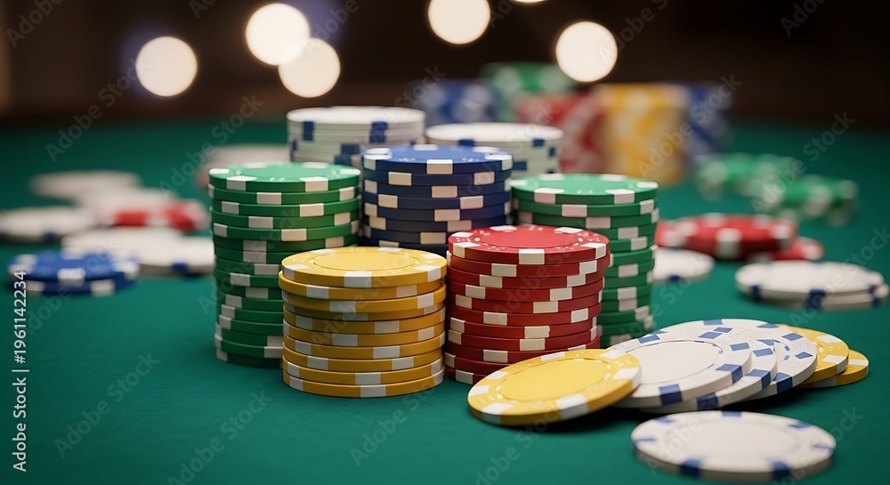 Fototapeta premium Stacked poker chips in various colors sit on a green felt table with blurred background lights