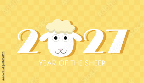 Year of the sheep postcard template. Cute zodiac sheep head replacing the number "0" of new year 2027.