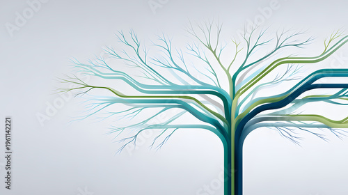 Minimalist abstract digital illustration featuring a stylized tree with thick flowing lines in shades of teal, green, and blue that branch out into fine intricate networks representing data flow an...