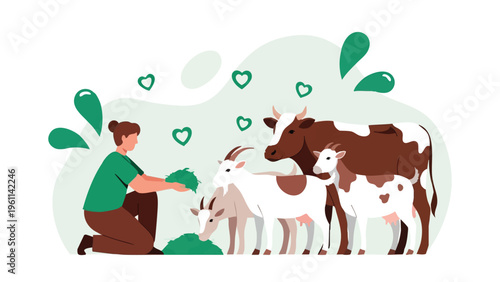 A man in a green shirt feeds a cow and goats on a festive occasion, surrounded by hearts and leaves, symbolizing love and care for animals during Eid celebrations.