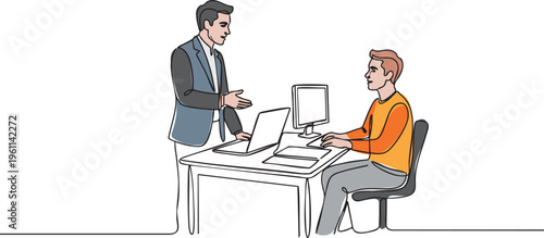 Minimalist continuous line art of a manager mentoring an employee at a desk with a laptop in a modern office.
