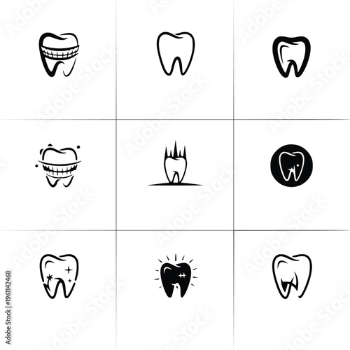 A collection of various dental icons and tooth logos on a white background