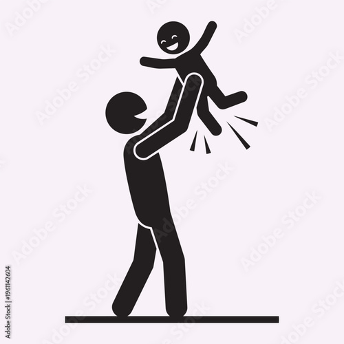 Stick Figure Parent Carrying Child Joyful Interaction Family Bonding Concept Minimal Black Vector Silhouette Illustration
