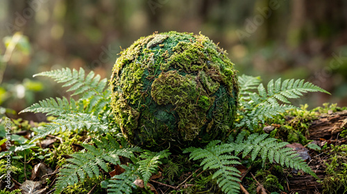Green moss planet earth globe in forest, environmental conservation concept, sustainable ecology world on woodland floor with ferns