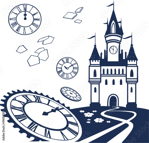 Fairytale castle surrounded by floating clocks and a gear, whimsical time travel concept