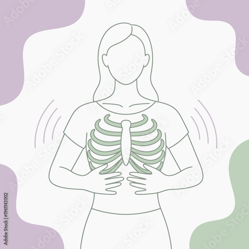Illustration of a person demonstrating rib cage movement for breathing exercises.