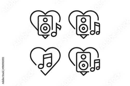 Line art icons depicting speakers within heart shapes representing music