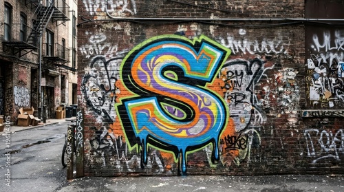 A graffiti-covered wall with a large, colorful letter 'S' painted on it.