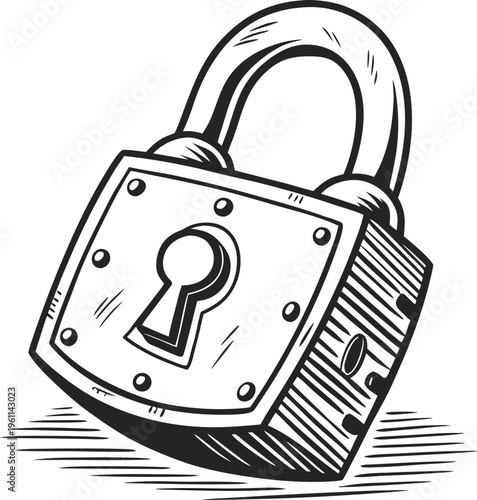 A hand-drawn illustration of a padlock, centered in the frame. The padlock has a rounded rectangular body with a curved shackle. Inside the body is a keyhole. The style is a sketched outline with cros