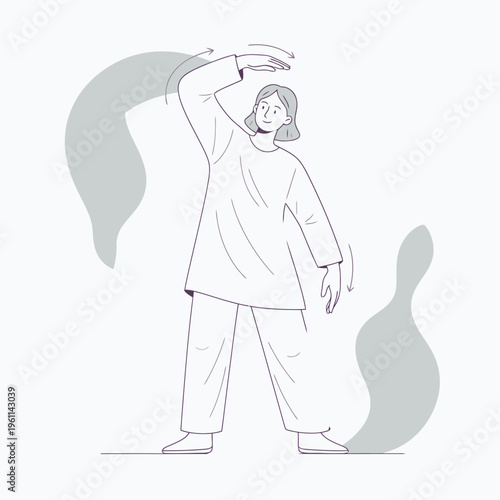 Line art illustration of a woman practicing Tai Chi.