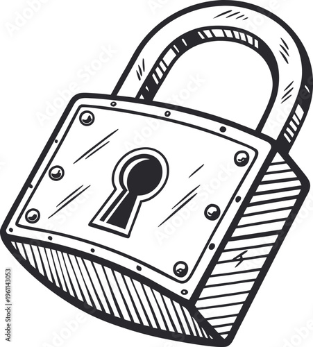 A hand-drawn illustration of a padlock, centered in the frame. The padlock has a rounded rectangular body with a curved shackle. Inside the body is a keyhole. The style is a sketched outline with cros
