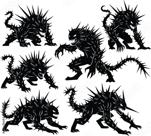 A group of black monster silhouettes with spikes and sharp teeth