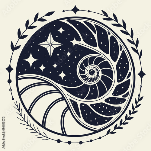 Mystical celestial nautilus shell with stars and branches, cosmic spiral symmetry