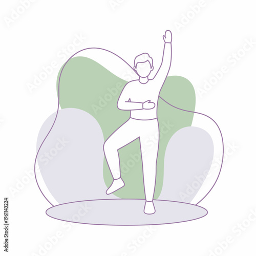Man dancing with energetic pose and raised arm.