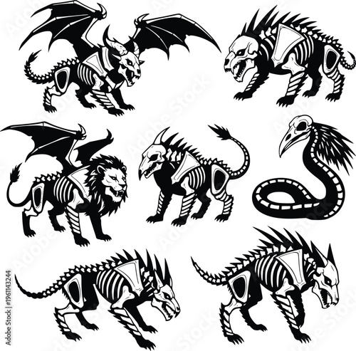 A collection of mythical creatures in skeleton form