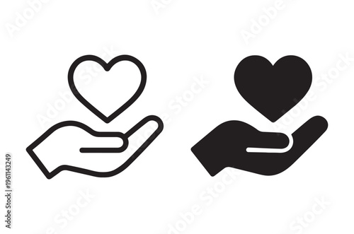 Two heart in hand icons outlined and filled black versions shown