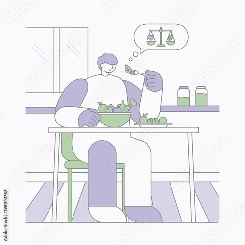 Man eating healthy salad contemplating healthy eating balance.