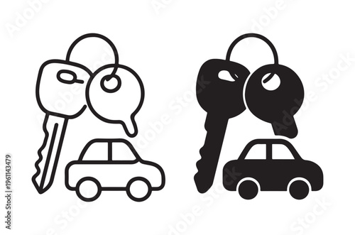 Two sets of car keys and vehicles in outline and silhouette styles