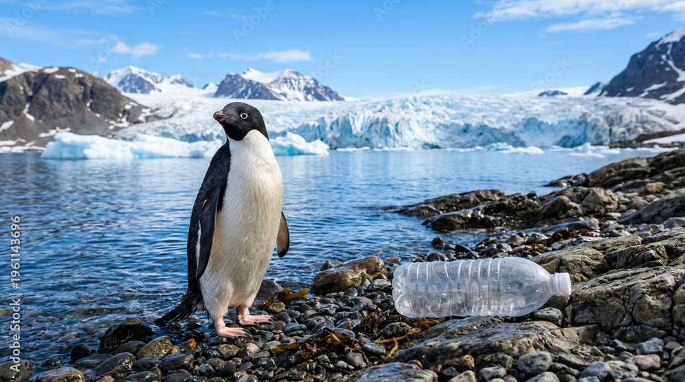 Obraz premium Close-up of a penguin swimming in the clear blue ocean next to an empty plastic bottle floating around, highlighting the pollution of nature and the global waste crisis in a pristine environment