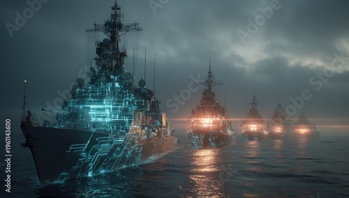 Futuristic holographic warships glide through dark, misty ocean waters
