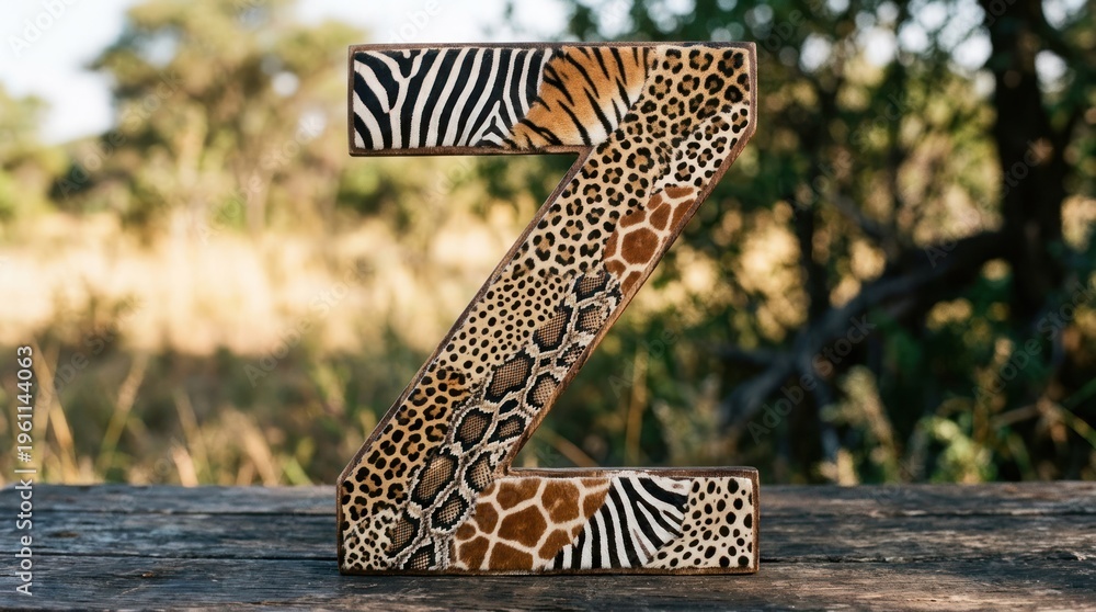 Naklejka premium A wooden letter Z with a zebra and leopard print pattern on it, placed on a wooden surface with a blurred natural background.