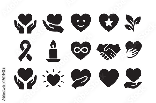 Collection of black silhouette icons representing love care and support
