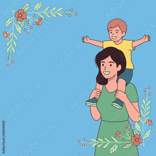A happy mother carrying her son on her shoulders, with floral decorations in the corners of a blue background.