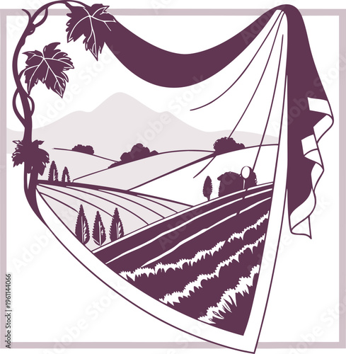 Vineyard landscape framed by draped fabric