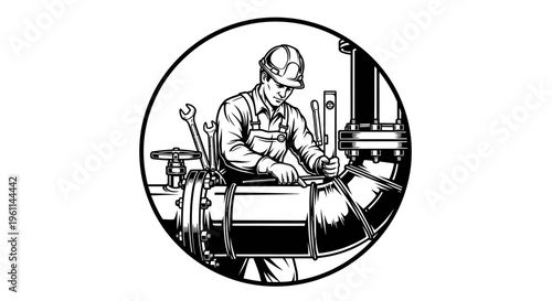 Skilled Plumber or Engineer Working on Large Pipe with Wrench in Industrial Setting, Circle Frame Icon on Isolated White Background