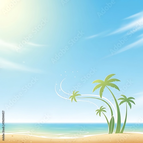 Summer Bright sunny beach scene with palm trees and ocean view