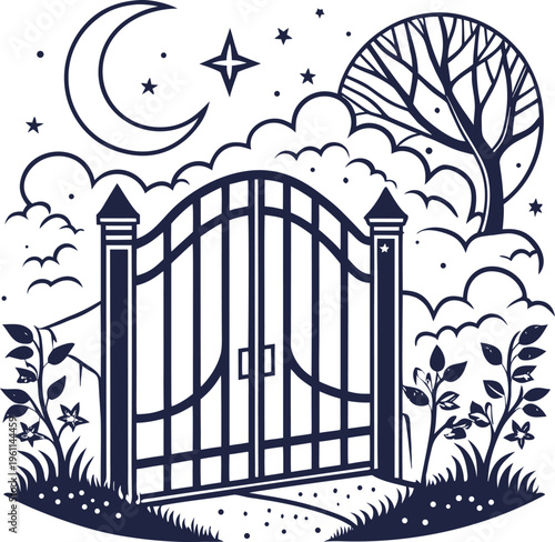 Wrought iron gate surrounded by nature under crescent moon and stars, mystical landscape vector