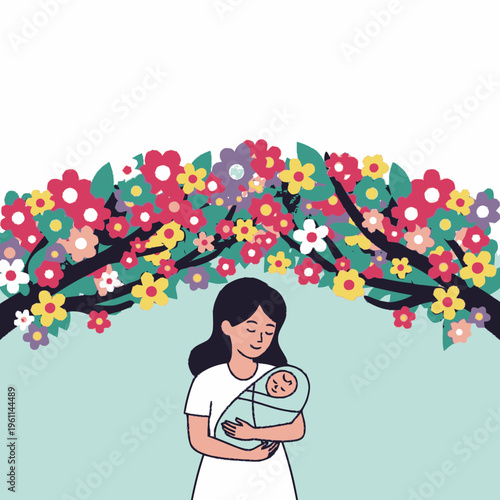 A mother tenderly cradles her newborn baby under a vibrant archway adorned with colorful flowers and lush green leaves, symbolizing new beginnings and maternal love.